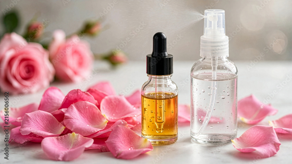 Naklejka premium A clear glass spray bottle releasing fine mist stands next to an amber serum dropper bottle surrounded by fresh pink rose petals on marble.