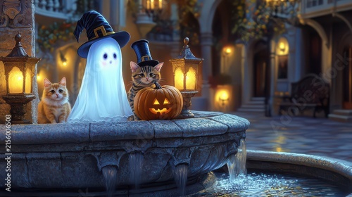 Spooky Halloween Night Scene with Cats, Ghosts, Lanterns, and Pumpkin Decorations
