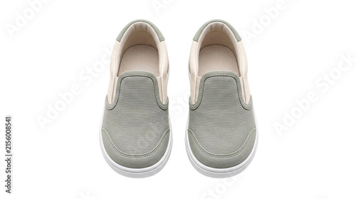 Photography Grey canvas slip-on baby shoes, front view of pair isolated on png transparent b