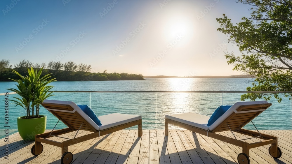 Fototapeta premium Luxury infinity pool with lounge chairs overlooking the ocean.