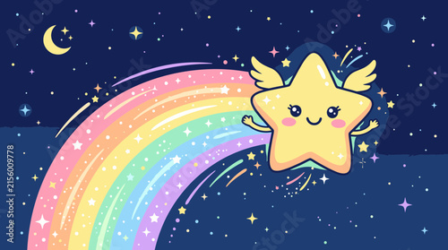 Cute winged star character flying across a pastel rainbow in night sky