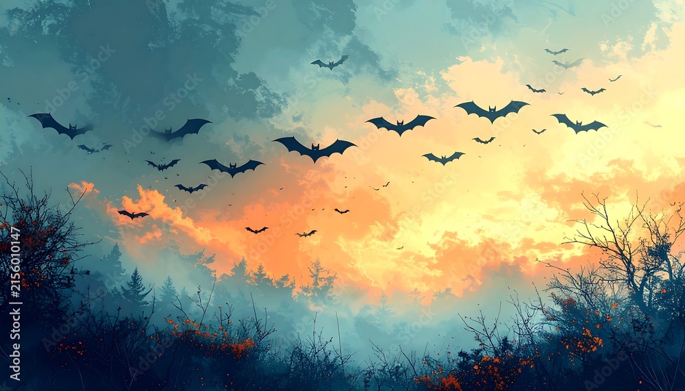 Fototapeta premium Digital painting of bats flying across dramatic sunset sky over dark forest silhouette for spooky Halloween background