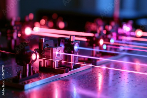 Advanced quantum cryptography photonics laboratory with optical laser tables and glowing fiber optic data node matrices