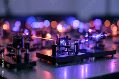 Advanced quantum cryptography photonics laboratory with optical laser tables and glowing fiber optic data node matrices