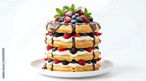 Stack of Belgian waffles with whipped cream, fresh berries, and chocolate sauce topping