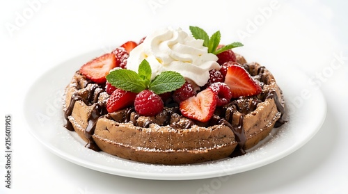 Belgian waffle with fresh strawberries, raspberries, chocolate sauce and whipped cream