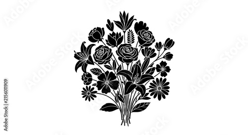 Bouquet of black flowers and leaves on white background with bouquet various stylized black illustration arrangement silhouette decorative with graphic