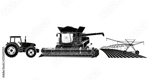 Agricultural machinery set with tractor combine harvester with harvester irrigation system system white background
