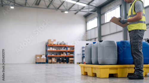 Worker checks containers in warehouse during daylight hours