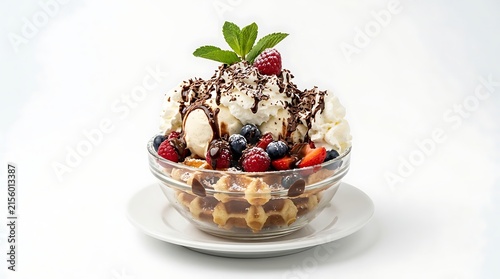 Belgian waffle bowl with vanilla ice cream, fresh berries, and chocolate sauce topping.