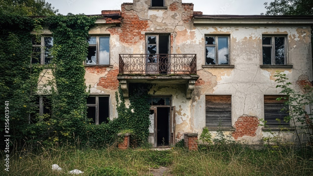 Fototapeta premium Abandoned derelict brick building overgrown with green ivy.
