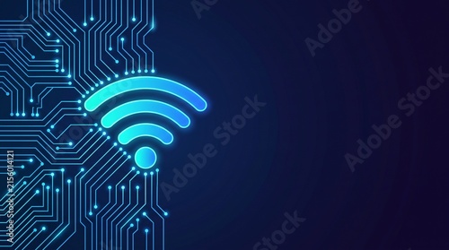 Glowing blue wifi symbol on circuit board background, digital wireless network connection, futuristic internet technology concept