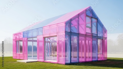 Modern pink translucent glass house in a field.