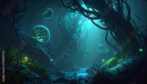 Discover a mysterious glowing alien forest with bioluminescent spheres and tangled dark trees with nobody around. Perfect for fantasy, scifi concepts, and immersive gaming backgrounds.