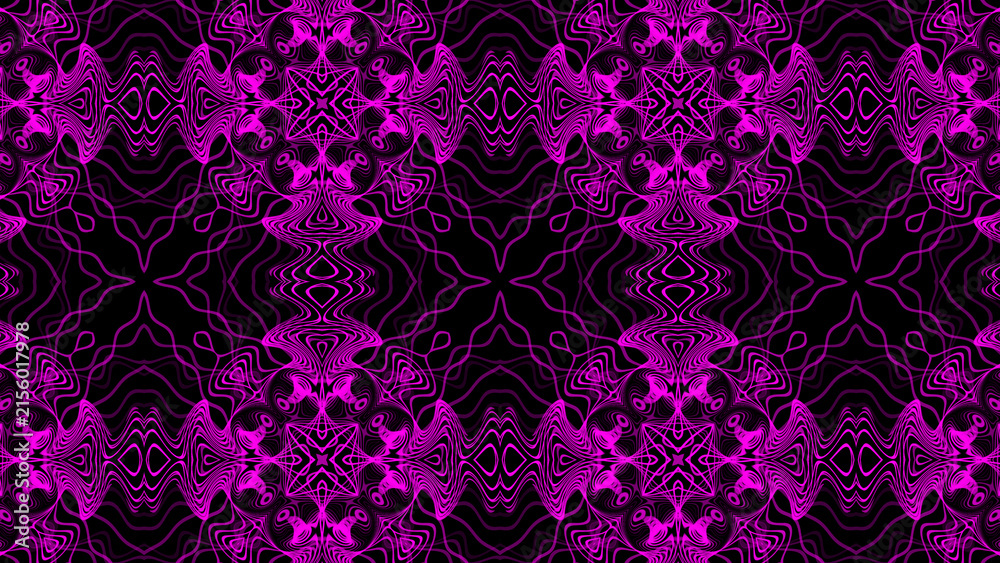 Fototapeta premium Abstract neon pink wavy line background design. Intricate magenta ornamental geometric kaleidoscope pattern vector. Modern dark luxury cyber lattice artwork.