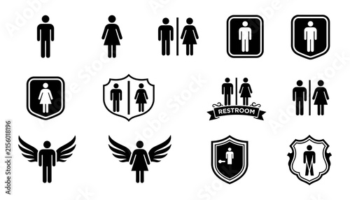 Restroom Signs Set with Male and Female Symbols. Public Facility Icons. Black