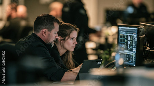 Bank cybersecurity specialist and fraud analyst comparing account behavior after an unusual login from a new device, two professionals seated side by side rather than posing, one