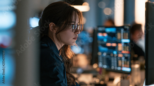 Photorealistic commercial banking scene, experienced fraud analyst in a modern operations office studying an unusually large card transaction on a desktop monitor, one suspicious