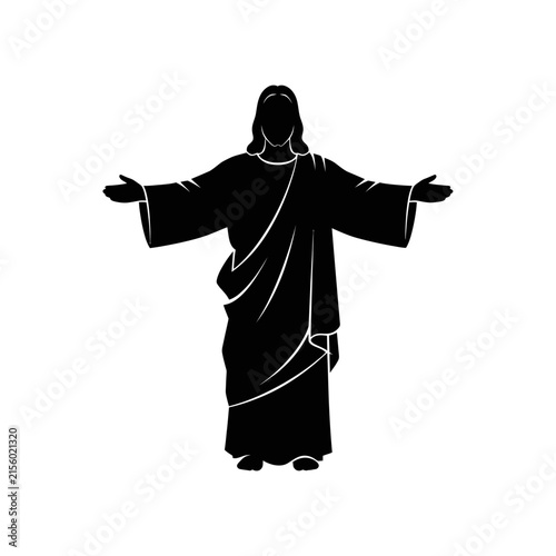 Sleek Black and White Silhouette of Jesus Christ with Arms Outstretched in a Robe Minimalist Design for Spiritual or Religious Use