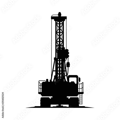Sleek Black and White Silhouette of an Oil Drilling Rig with Tall Mast and Mechanical Components