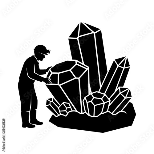 Sleek Black and White of Miner with Virtual Reality Headset Examining Gemstones and Crystals with high quality professional line art symbols for modern creative design and digital branding projects