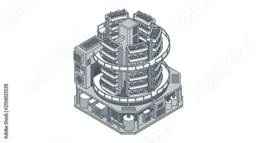 Sleek Isometric of a Futuristic Multi Level Server and Garden Farming Facility in Monochrome with high quality professional line art symbols for modern creative design and digital branding projects