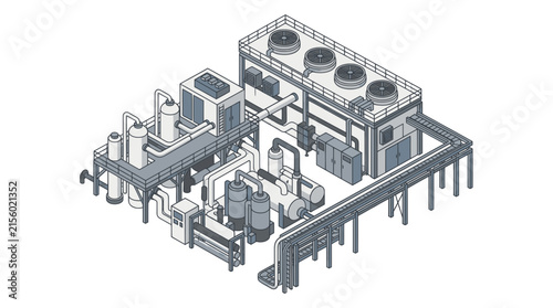 Sleek Isometric of Industrial HVAC and Mechanical Room Infrastructure with Pipes Ducts and Cooling Units