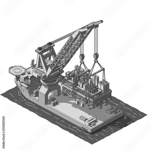 Sleek Monochrome of Heavy Lift Ship with Large Crane and Offshore Drilling Platform Equipment with high quality professional line art symbols for modern creative design and digital branding projects