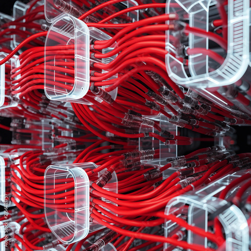A dense, tangled web of red fiber optic cables being neatly sorted and shielded by glowing white holographic clamps.  