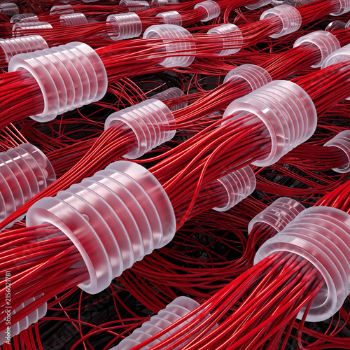 A dense, tangled web of red fiber optic cables being neatly sorted and shielded by glowing white holographic clamps.  