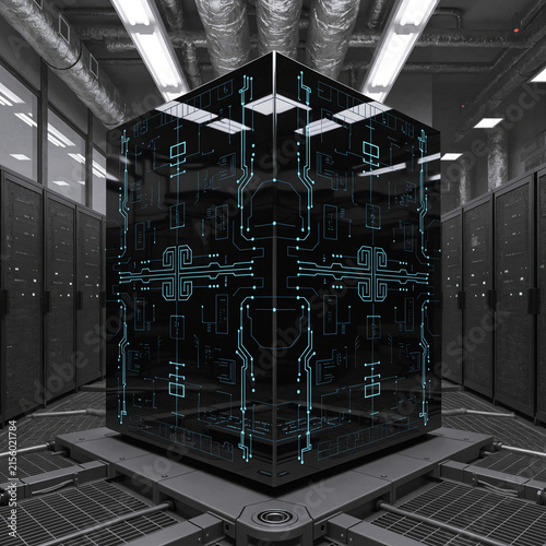 A solid obsidian-black cube engraved with glowing cyan circuits, acting as an impenetrable data vault in a server room.  