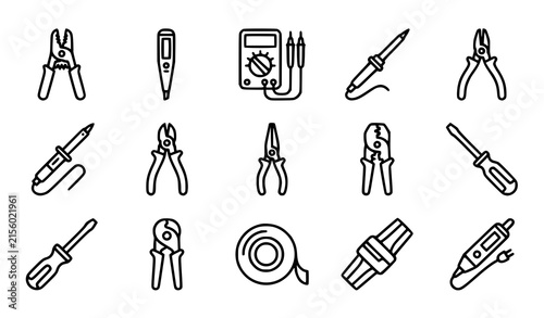 Professional Electrical Repair Tools and Electronic Equipment Outline Icon Set with Multimeter and Soldering Iron Linear Symbols