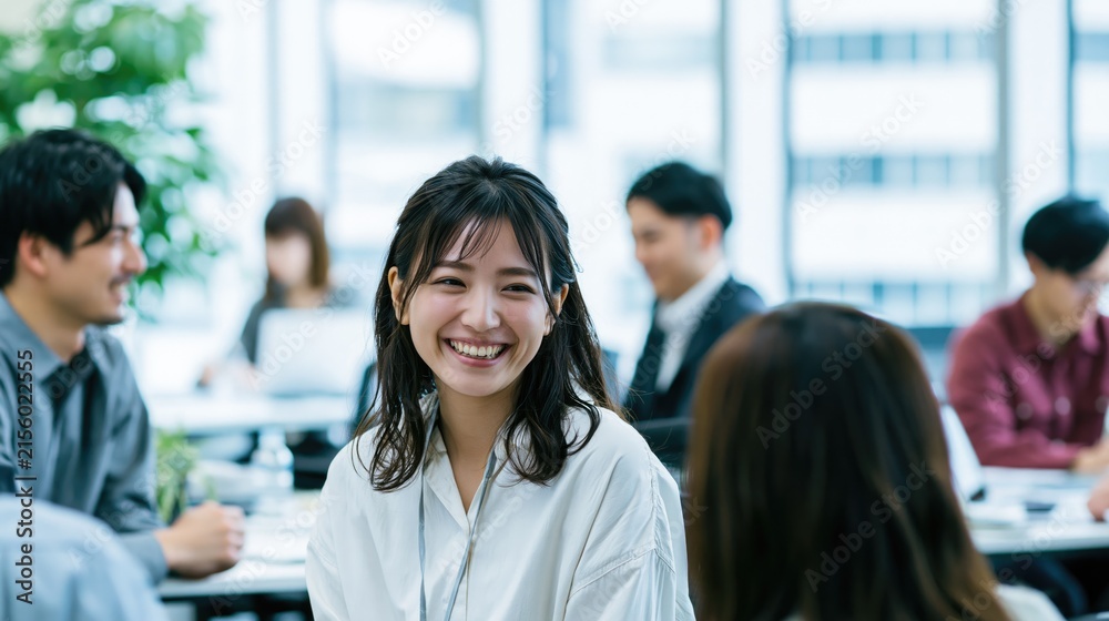 Obraz premium Modern Office Scene with Diverse Employees in Friendly Conversation