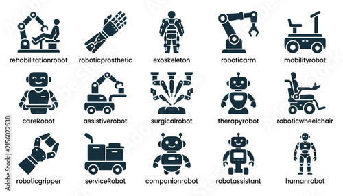 Set of medical and service robot icons for healthcare and technology applications