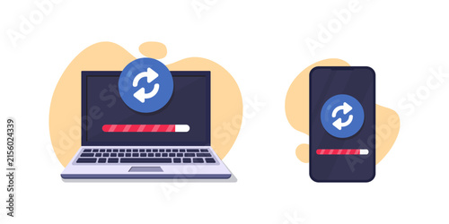 vector illustration of Laptop and Smartphone Syncing With Software Update Progress Bars and Circular Refresh Icons