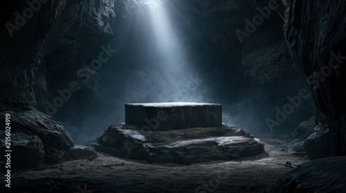 Stone pedestal in dark cave illuminated by spotlight