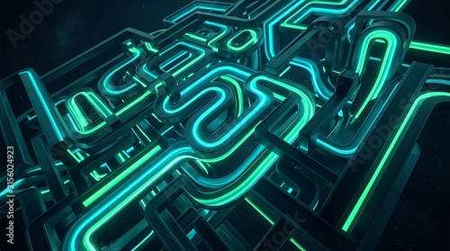 Complex network of 3d square pipes with vibrant glowing teal neon illumination weaving through a dark digital void creating a sophisticated abstract tech infrastructure visualization