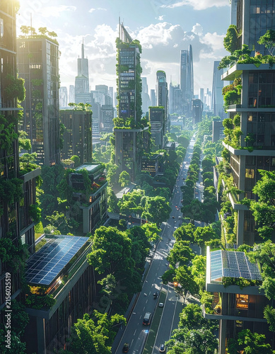 Discover a futuristic eco city where vertical gardens and solar panel buildings create a sustainable modern metropolis under a bright sunny sky. Inspiring green architecture, no people.