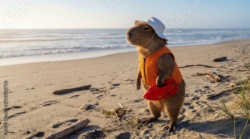 Capybara wearing a sun hat and life jacket on a sandy beach by the ocean.