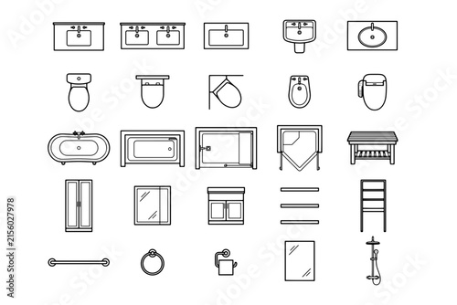 A collection of line art icons depicts essential bathroom fixtures and accessories, showcasing a variety of sinks, toilets, bathtubs, showerheads, and cabinetry in a clean, organized layout.