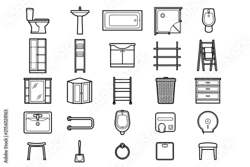 A collection of line-art icons representing various bathroom fixtures and accessories, arranged in a neat grid.