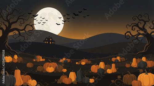 Halloween Pumpkin Field with Haunted House and Full Moon Flat Illustration