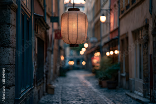 A luminous Japanese paper lantern with kanji hangs in a narrow, atmospheric cobblestone alleyway at dusk, casting a warm glow on ancient stone walls.