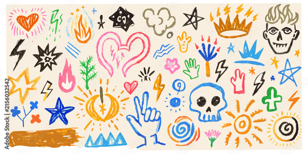 Obraz premium Hand drawn doodle set featuring hearts skulls and lightning bolt silhouettes