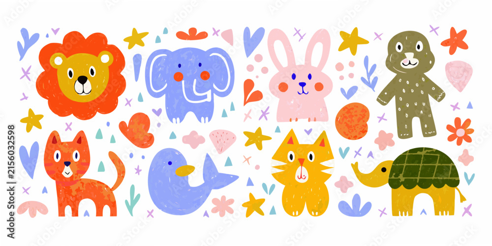 Obraz premium Collection of hand drawn animal silhouettes with colorful crayon style