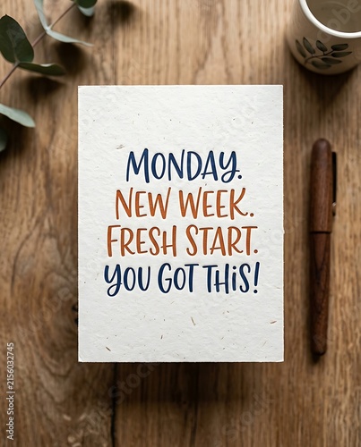 Motivational monday card on a wooden desk with a pen and leaves