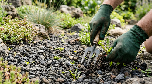 Close up of gloved hands using a hand fork to weed a rock garden. Removing weeds from dark gravel. Gardening maintenance