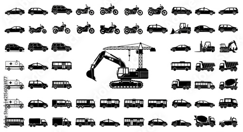 Collection of various vehicle with collection black silhouettes vehicles machinery including cars motorcycles motorcycles buses trucks transportation
