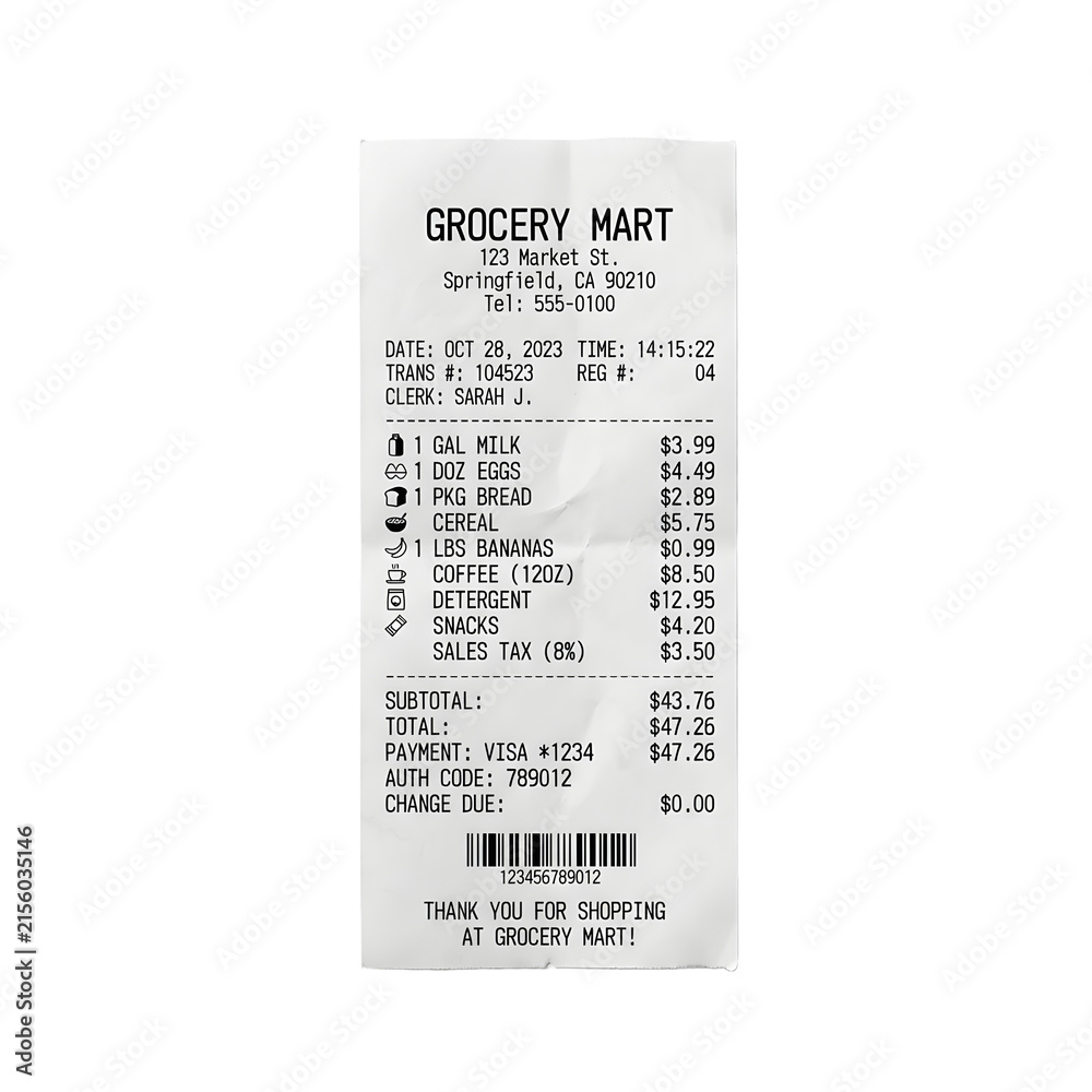 Fototapeta premium Grocery store paper receipt with itemized list, retail shopping sales slip, financial transaction bill for food items isolated PNG with Transparent Background