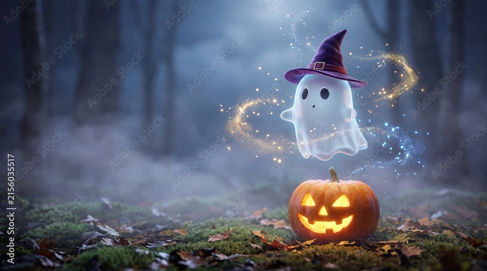 Obraz premium A tiny witch hat ghost with sparkles floats above a glowing pumpkin in a misty forest